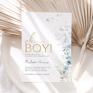 Oh Boy Baby Shower Invitation, Boy Baby Shower, Eucalyptus Baby Shower Invite, Greenery Baby Shower, Editable Baby Shower Template, Juliet2