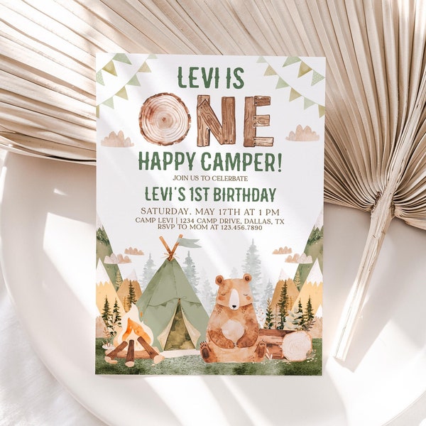 One Happy Camper Birthday Invite Boy, Happy Camper Invitation, Camping 1st Birthday Invitation, Camping 1st Birthday Party, Woodland, BD88