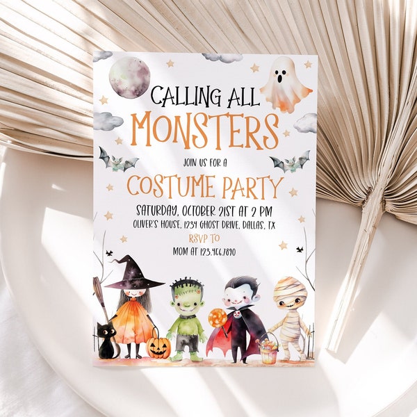 Calling All Monsters Halloween Party Invitation, Kids Halloween Party Invitation Template, Mummy Monster Invitation, Editable Invite, HI07