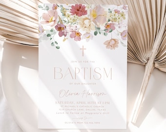 Floral Girls Baptism Invitation, Floral Baptism Invitation Template, Printable Christening, Baptismal Invite Pink Floral Baptism Girl, BT10