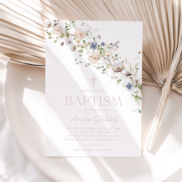 Pink Girls Baptism Invitation, Wildflower Baptism Invitation Template, Printable Christening, Baptismal Invite Pink Floral Baptism Girl, BT9
