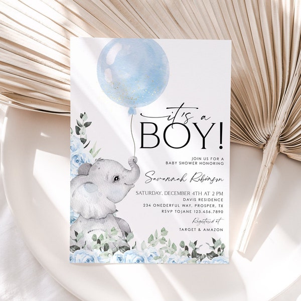 Elephant Baby Shower Invitation, Boy Baby Shower, It's A Boy Baby Shower Invite, Elephant Baby Shower, Editable Baby Shower Template, BBS33