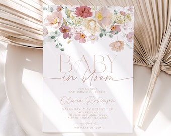 Faire-part de baby shower bébé en fleurs, invitation de baby shower fille, invitation de baby shower rose, invitation de baby shower de fleurs roses, floral, BBS29