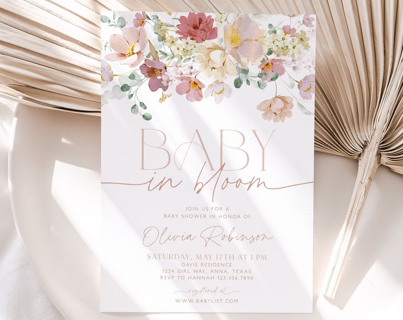 Baby in Bloom Baby Shower Invitation Girl Baby Shower Invite Pink Baby Shower Invitation Pink Florals Baby Shower Invite