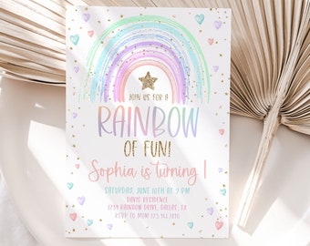 Pastel Rainbow Birthday Invitation, Pastel 1st Birthday Invite, Rainbow Birthday Girl Invite, Rainbow of Fun Party, Girl 1st Birthday, BD37