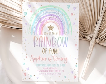 Pastel Rainbow Birthday Invitation, Pastel 1st Birthday Invite, Rainbow Birthday Girl Invite, Rainbow of Fun Party, Girl 1st Birthday, BD37