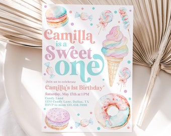 Sweet One Birthday Invitation, Candy Pastel Girls 1st Birthday Party, Donut Icecream Invitation, Shes a Sweet One First Birthday Party, BD87