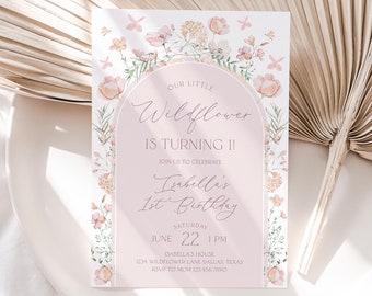 Wildflower 1st Birthday Invitation, Boho Arch Wildflower Birthday Invitation Girl, Girls 1st Birthday Flower Invitation, Birthday Girl, BD84