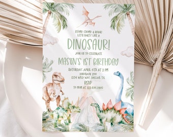 May include: A dinosaur-themed birthday party invitation with a watercolor illustration of dinosaurs, palm trees, and a volcano. The text reads "Stomp, Chomp, & Roari Let's Party Like a Dinosaur! Join us to celebrate Mason's 1st Birthday Saturday, April 6th at 2 PM Dinosaur 200 1234 Wild Way, Dallas, TX RSVP To Mom at 123.456.7890"