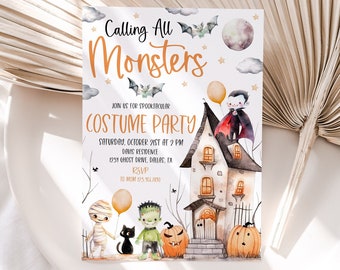 May include: A Halloween party invitation with a watercolor illustration of a haunted house, a vampire, a mummy, a Frankenstein monster, and a black cat. The text reads "Calling All Monsters Costume Party" with the date, time, and location.