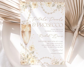 Petals Pearls Prosecco Bridal Shower Invitation, Gold Floral and Prosecco Bridal Shower Invitation, Editable Bridal Shower Template, BS58