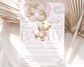 Bear Baby Shower Invitation Girl Template, We Can Bearly Wait Invite Pink, Girl Pink Baby Shower, Pink Balloon, Editable Template, BBS87