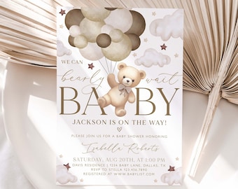 May include: A baby shower invitation with a teddy bear holding balloons. The invitation is decorated with clouds and stars. The text on the invitation reads "We can barely wait BABY Jackson is on the way!"  "Please join us for a baby shower honoring Isabella Roberts"  "Saturday, Aug 20th, at 1:00 PM"  "Davis Residence | 1234 Baby Lane, Dallas, TX"  "RSVP to Stella 123.456.7890"  "Registered at www.babylist.com"