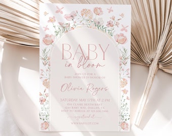 Baby in Bloom Invitation, Boho Arch Floral Baby Shower Invitation, Pink Flower Invitation, Spring Baby Shower Invite, Girl Baby, BBS103