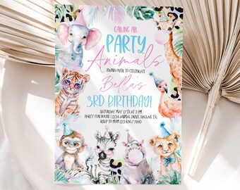 May include: A pink and blue party invitation with a jungle animal theme. The invitation says "Calling all Party Animals" and "Swing over to celebrate Bella's 3rd Birthday!" The invitation also includes the date, time, and location of the party.