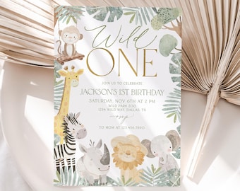 Faire-part 1er anniversaire Wild One, faire-part d'anniversaire Wild One, invitation fête Safari Wild One, anniversaire de garçon, Invitation animaux de la jungle, BD86