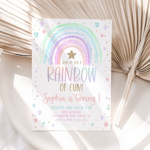 Pastel Rainbow Birthday Invitation, Pastel 1st Birthday Invite, Rainbow Birthday Girl Invite, Rainbow of Fun Party, Girl 1st Birthday, BD37