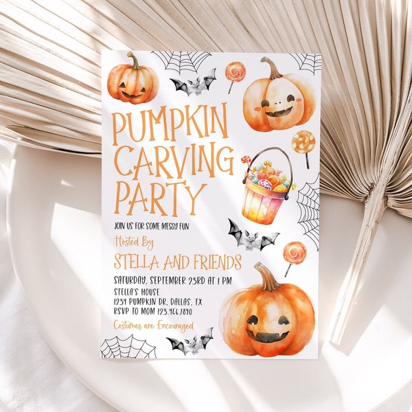 Pumpkin Carving Party Invitation, Kids Halloween Party Invitation Template, Pumpkin Party Invitation, Editable Halloween Invitation, HI08