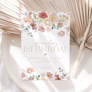 First Birthday Invitation Girl, Floral 1st Birthday Invite, Girls Birthday Flower Invitation, Birthday Girl, Garden Party Birthday, BD14