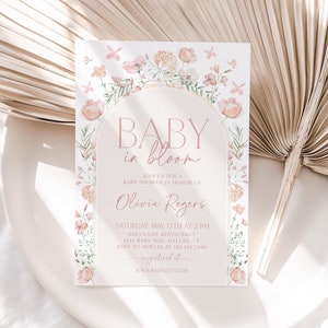 Baby in Bloom Invitation, Boho Arch Floral Baby Shower Invitation, Pink Flower Invitation, Spring Baby Shower Invite, Girl Baby, BBS103