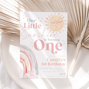 Nosso convite de aniversário Little Sunshine, convite Pastel Sun, convite de primeiro aniversário Sunshine Girl, nosso primeiro aniversário Little Sunshine, BD75