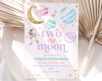 May include: A pink and purple invitation with a cartoon astronaut and planets. The text reads "two the moon" and includes details for Abigail's 2nd birthday party.