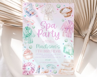 May include: A pink and white invitation for a spa party to celebrate Madison's 7th birthday. The invitation features watercolor illustrations of spa items like robes, cucumbers, and face masks. The text reads "Spa Party" and "Join us to celebrate Madison's 7th Birthday".