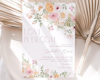 Love in Bloom Bridal Shower Invitation, Floral Bridal Shower Invite, Spring Bridal Shower Invite, Pink Flower Invitation, Editable, BS31