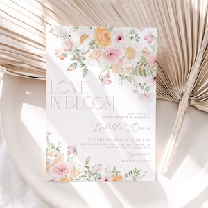 Love in Bloom Bridal Shower Invitation, Floral Bridal Shower Invite, Spring Bridal Shower Invite, Pink Flower Invitation, Editable, BS31