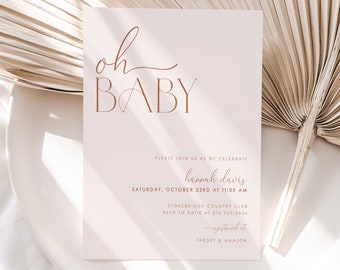 Minimal Boho Baby Shower Invitation, Modern Baby Shower Invite, Pale Pink Baby Shower, Editable Boho Baby Shower Template, H1