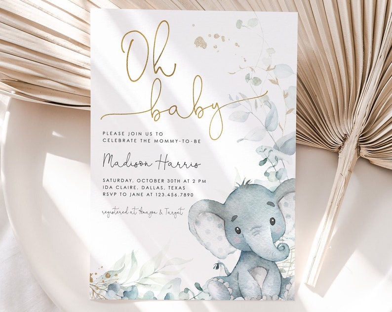 Elephant Baby Shower Invitation Boy Baby Shower Elephant Baby Shower Invite Elephant Baby Shower Editable Baby Shower