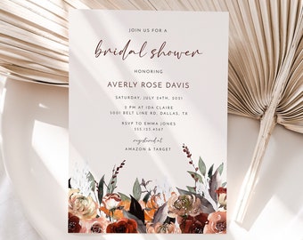 Bohemian Bridal Shower Invitation, Bridal Shower Invite, Terracotta Bridal Shower, Editable Boho Bridal Shower Template, Autumn