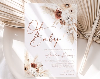 Boho Floral Baby Shower Invitation, Boho Baby Shower Invite, Gender Neutral Baby Shower Invite, Oh Baby, Boho Invitation Template, BBS27