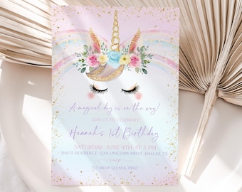 Unicorn Birthday Invitation Template, Pastel Magical Day Birthday Invitation, Girl 1st Birthday Invitation, Pastel Unicorn Invite Girl, BD65