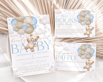 Bear Baby Shower Invitation Set Boy, We Can Bearly Wait Baby Shower Invite, Boy Baby Shower, Blue Balloon Invite, Editable Template, BBS85
