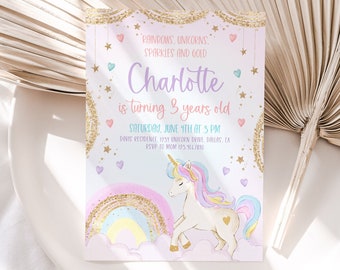 Unicorn Birthday Invitation, Pastel Unicorn, Rainbow Unicorn Sparkles and Gold Invitation, 1st Birthday Girl, Pastel Invite Printable, BD53