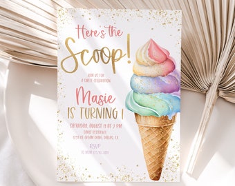 Ice Cream Birthday Invitation Template, Here's the Scoop Birthday Invitation, Rainbow Ice Cream Birthday Invitation, Girl 1st Birthday, BD49