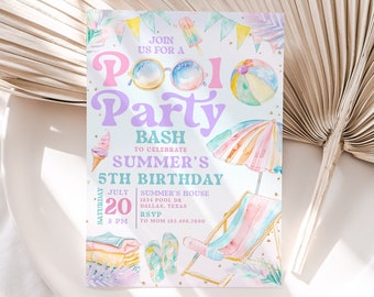 May include: A colorful invitation for a pool party to celebrate a 5th birthday. The invitation features a pool, beach ball, sunglasses, ice cream cone, and a beach chair. The text on the invitation reads "Join us for a Pool Party Bash to Celebrate Summer's 5th Birthday. Saturday, July 20, 2 PM. Summer's House, 1234 Pool Dr, Dallas, Texas. RSVP to Mom 123.456.7890."