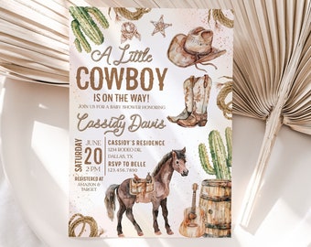 May include: A baby shower invitation with a watercolor illustration of a cowboy hat, boots, cactus, a horse, and a guitar. The text reads "A Little Cowboy is on the Way!" and includes the date, time, and location of the event. The invitation is decorated with a pink and brown background.