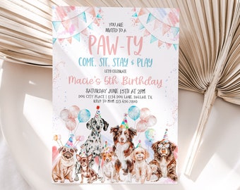May include: A colorful invitation for a 5th birthday party with a paw-ty theme. The invitation features a watercolor illustration of dogs wearing party hats and surrounded by balloons. The text reads "You are invited to a Paw-ty. Come, sit, stay & play. Let's celebrate Macie's 5th Birthday. Saturday June 15th at 2pm. Dog City Place | 1234 Dog Lane, Dallas, TX. RSVP to Mom 123.456.7890."