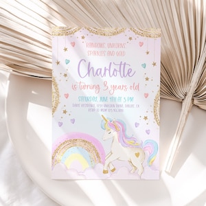 Einhorn Geburtstagseinladung, Pastell Einhorn, Regenbogen Einhorn funkelt und Gold Einladung, 1. Geburtstag Mädchen, Pastell einladen druckbar, BD53