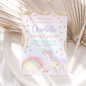 Unicorn Birthday Invitation, Pastel Unicorn, Rainbow Unicorn Sparkles and Gold Invitation, 1st Birthday Girl, Pastel Invite Printable, BD53