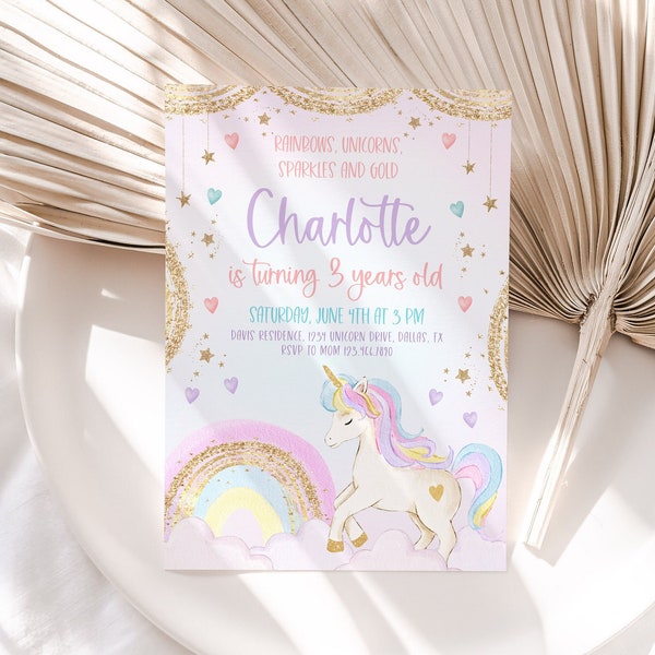 Unicorn Birthday Invitation, Pastel Unicorn, Rainbow Unicorn Sparkles and Gold Invitation, 1st Birthday Girl, Pastel Invite Printable, BD53