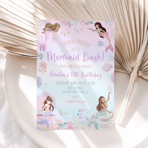 Mermaid Birthday Invitation, Splish Splash Mermaid Bash Birthday Girl, Under the Sea Editable Template, Mermaid Birthday, Mermaid Bash, BD46