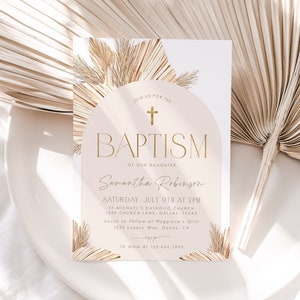 Boho Baptism Invitation, Boho Arch Baptism Invitation Template, Printable Christening, Boho Beige Baptismal Invite, Gender Neutral, BT14