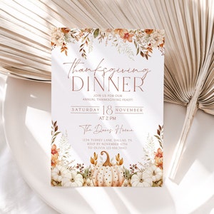 Thanksgiving Dinner Invitation, Friendsgiving Invitation Template, Floral Pumpkin, Editable Thanksgiving Invite, Thanksgiving Dinner, TG05