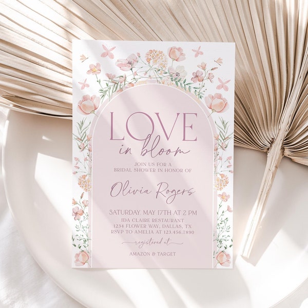 Love in Bloom Bridal Shower Invitation, Boho Arch Floral Bridal Shower Invite, Spring Bridal Shower Invitation, Pink Purple Flowers, BS62