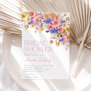 Floral Bridal Shower Invitation, Pink Floral Bridal Shower Invite, Purple Spring Floral Bridal Shower, Editable Bridal Shower Template, BS35