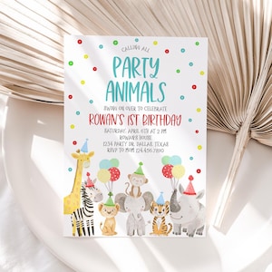 May include: A colorful party invitation with a blue and white title "Party Animals" and a red title "Rowan's 1st Birthday". The invitation features a group of cartoon animals wearing party hats and holding balloons.