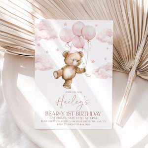 Bear 1st Birthday Invitation Girl, Bear-y First Birthday, Bear 1st Birthday Invitation, Birthday 1st Girl, Pink Balloon Bear Invite, BD92